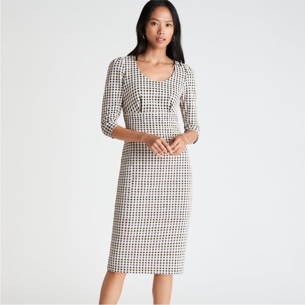 Ann Taylor | Checked Plaid Puff Sleeve Sheath Pencil Dress tweed lined like new